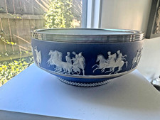 Vintage Antique Dark Blue Large Jasperware Bowl With Silver Plated Rim 1899 BP C picture