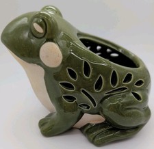 ​Vintage Ceramic Green Frog Planter Votive Candle Holder Cut Out Leaf Design picture