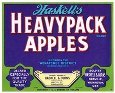 ORIGINAL BLUE HASKELL'S HEAVYPACK APPLE CRATE LABEL WENATCHEE OROVILLE 1950S  picture