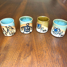 4 Vtg Carlota J Ceramic Gres Shot Glasses Folk Art Bird/ Llama/ Flower Tea Cup picture