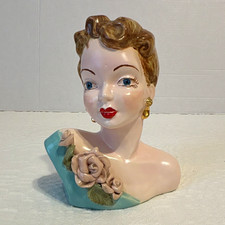 Vintage 1950s Glazed Ceramic Lady Bust Figurine Floral Dress Gold Earrings picture