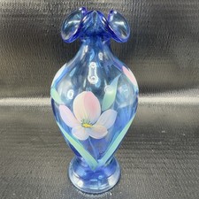 Vintage Fenton Art Glass Vase Vessel Blue Hand Painted Flowers W Sticker Vase picture