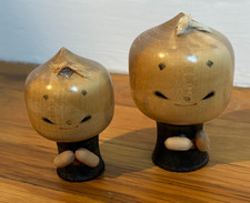 Two Japanese smiling Kokeshi Wooden Folk Craft Figures Collectible 3.25
