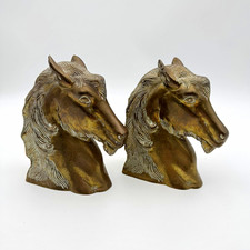 Vintage Brass Bronze Horse Head Bookends Equestrian Hollywood Regency Heavy Pair picture