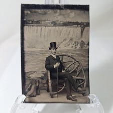 Antique 1880s Tintype Photo Dapper Man Silk Top Hat Cane Niagara Falls Backdrop picture