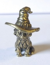 Brass Cat Figurine Wearing Witch Hat Metal Finish Mini Statue Collectible Decor picture