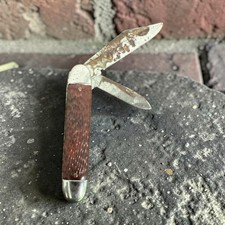 Vintage USA 2 Blade Folding Pocket Knife Brown Jigged Handle Heavy Patina picture