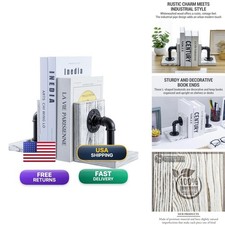 MyGift Whitewashed Solid Wood Industrial Pipe Bookends picture