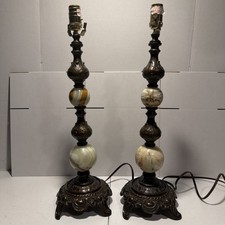 Vintage Ornate Bronze Tone Marble Onyx Ball Table Lamps Pair Baroque Traditional picture