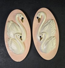 2 Pc 1965 Miller Chalkware Swans HTF PINK Oval Wall Art Plaques Kitschy Vintage picture