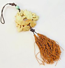 Vintage Carved Stone Koi Fish Chinese Silk Tassel Pendant 9.5 inches 32 grams picture