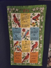 Vintage 1974 Linen Calendar Tea Towel • Colorful Bird Songbird Design • 70s Retr picture
