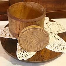 Antique Primitive Wooden Butter Mold Press Stamp Fern Leaf Carved Treen As-Is picture