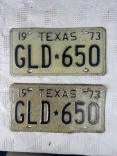 Vintage 1973 Texas License Plates Pair GLD 650 Black Embossed Letters On White picture