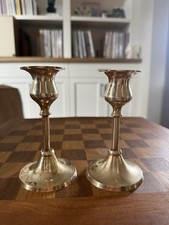 Vintage Set of 2 Polished Solid Brass Candlestick Candle Holders India MCM picture