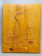 Vintage Latvian Folk Art Wooden Viking Ship Plaque Natural Baltic Amber picture