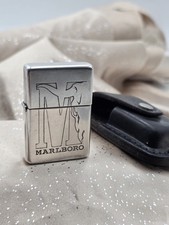 Vintage 2001 Zippo Marlboro Big M Longhorn Logo Lighter w Leather Case Working picture