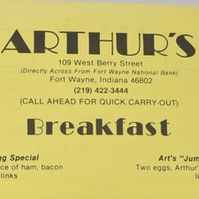 1980s Arthur's Cafe Restaurant Menu 109 West Berry Street Fort Wayne Indiana picture