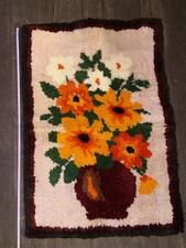 Vintage 70s Flower Power Latch Hook Wall Hanging Floral Vase Fiber Art 35x23 picture