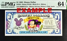 1993 $1 DISNEY DOLLAR Mickey Driving Mickey's 65th Anniv. PMG 64 EPQ picture