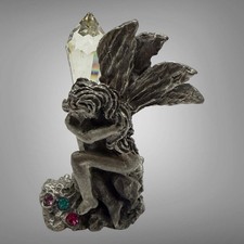 Vintage Pewter Fairy Holding A Large Crystal Rhinestone Figurine picture