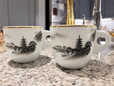 Vintage Fukagawa Arita Set of 2 Pagoda Landscape Cups Black Gold Rim Japan picture