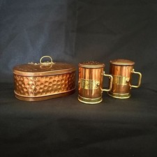 VINTAGE 1960’s SCANDINAVIAN COPPER & BRASS HINGED BOX and SALT/PEPPER SHAKERS picture