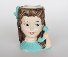 Vintage Enesco Head Vase Girl On Telephone Planter Teenager Blue Phone MCM Japan picture