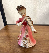 Japan Vintage Hand Painted Ceramic Girl Violinist Figurine Pink Dress 1950s picture