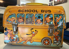 Vintage 1961 Walt Disney School Bus Lunch Box Aladdin Industries Dome Metal picture