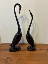 Vintage Pair Of Mid Century Pottery Black Swan Figurines 15