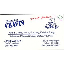 Beverly's Crafts Janet Matheny Colton CA Vintage Business Card STK2-BC1-9 picture