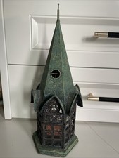 Vintage Gothic Spire Green Cathedral Glass & Metal Tea Light Candle Holder picture