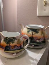 Antique Nippon Tree in Meadow Creamer & Sugar Bowl Set Hand Painted Blue Rising picture