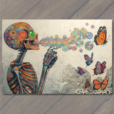 POSTCARD Psychedelic Skeleton Rainbow Bubble Butterfly Bright Surreal Goth Emo picture