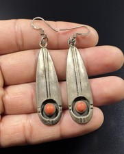 Vintage Native American Sterling Silver Coral Shadow Box Navajo Dangle Earring picture