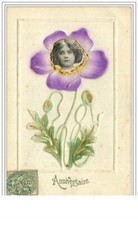 Cpa Montage. Fillette Face In Purple Flower. Grete picture