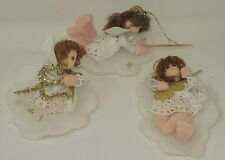 Vintage Angels Floating On Clouds Christmas Ornaments Felt 3 Pieces Brown Yarn picture