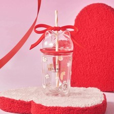 New 2024 China Starbucks Valentine's Day Double Glass Bow 13oz Straw Cup Tumbler picture