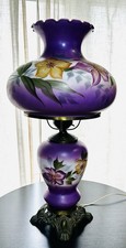 Vintage Purple GWTW Hurricane Parlor Table Lamp Handpainted Floral 26”  picture