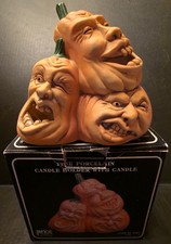 VTG Halloween Creepy Pumpkins Fine Porcelain Candle Holder with Box Gross Weird picture
