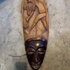VINTAGE HAND-CARVED AFRICAN WOOD MASK w/ OPEN EYES 23 In picture