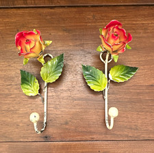PAIR VTG Italian Toleware Rose Wall Hooks Mid Century Metal Flower Shabby Chic picture