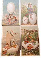 Victorian Trade Card 4 Children & Eggs Hot Air Balloon Bike Sailboat Swing picture