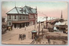 Japan Plank of Yokohama Busy Scene At Port Dock Ships c1910 Postcard AA2 picture