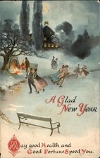 New Year's Ice Skaters by Cottage Winter Scene c1910s-20s Vintage Postcard picture