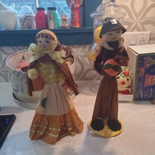 Vintage Crete paper chenille cotton Pilgrim Couple Thanksgiving Folk Art Dolls picture