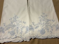 2 Vintage 1950s Blue Cutwork Embroidery Pillowcases NOS Scalloped Eyelet Hem picture