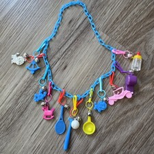 Vtg 80s Plastic Charm Bell Chain Blue Necklace 12 Charms picture