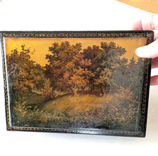 VTG Russian Lacquer Papier Mache Box Hand Painted Autumn Forest 7.5